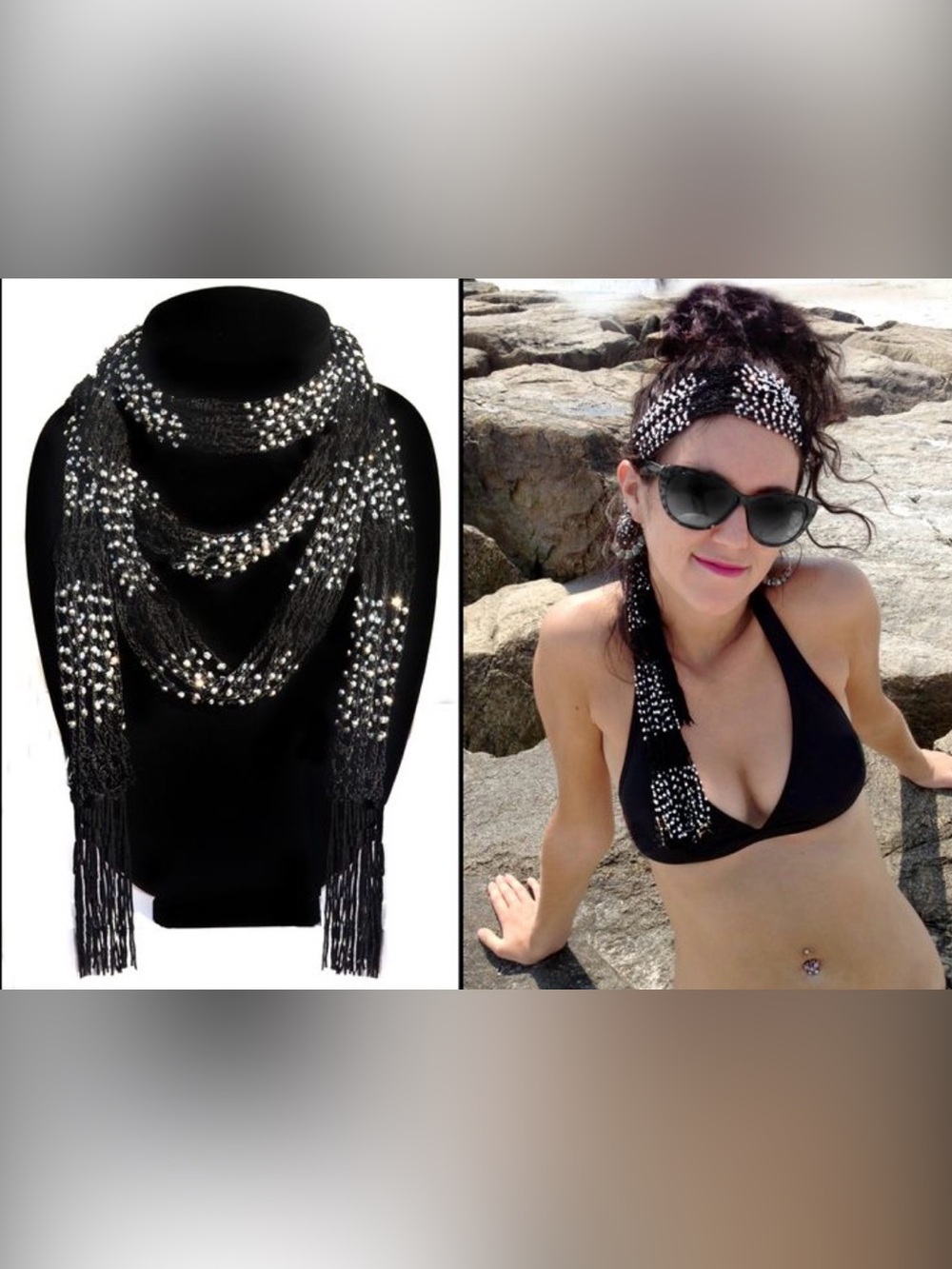 Black w/gold beads Fringe jewelry Scarf NEW